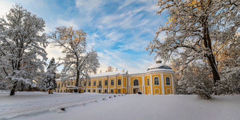 Ośnieżony park i żółty pałac zimą w Naddniestrzu