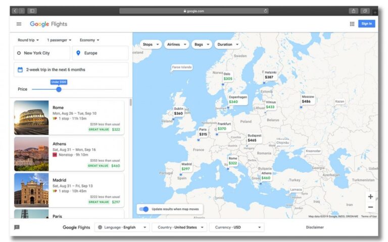 Panel wyszukiwania lotów do Europy w Google Flights